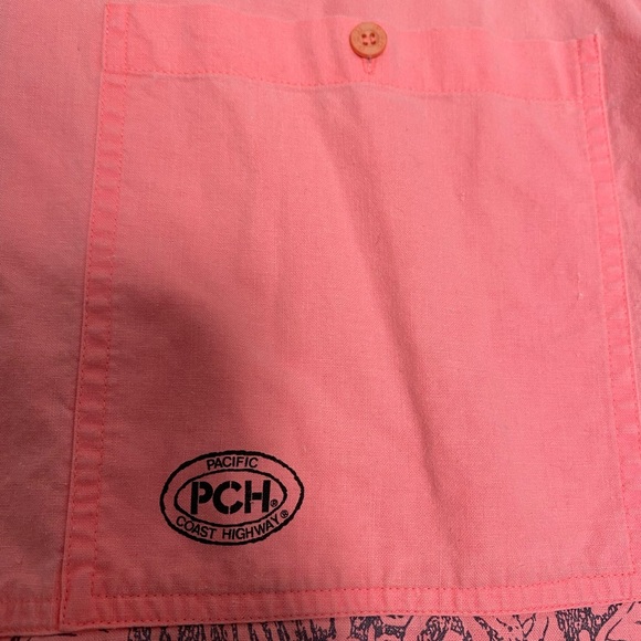 VINTAGE 80's 90's Pacific Coast Highway Pink Button Up Shirt Neon Tribal Surf L - Picture 4 of 8